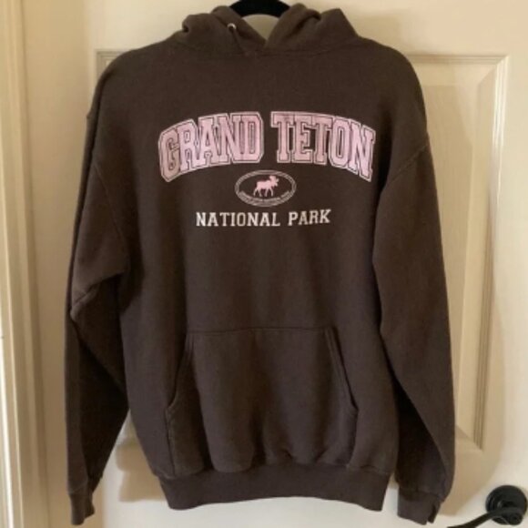 Jerzees Grand Teton National Park Brown Hooded Sweater Sweatshirt Medium EUC - Picture 1 of 8